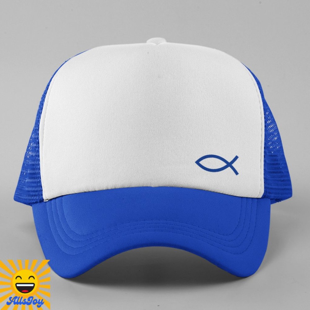 CHRISTIAN FISH SYMBOL Minimalist Foam Trucker Hat Snapback Cap Blue/White 2-Tone